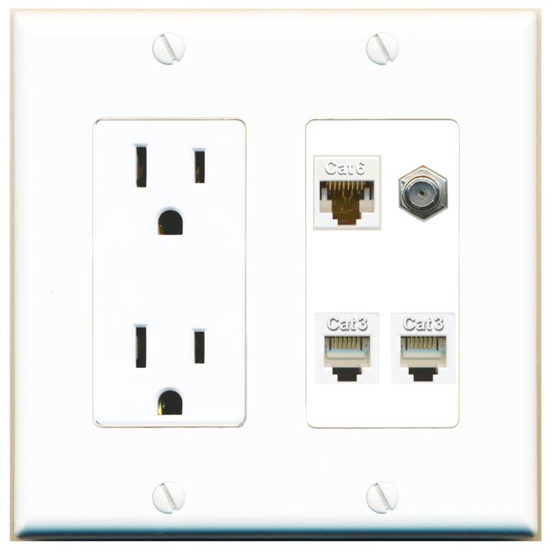 RiteAV CAT6 COAX 2 PHONE Wall Plate with 15A Power Outlet [White]
