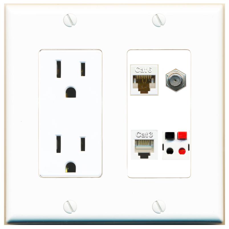 RiteAV CAT6 COAX PHONE SPEAKER Wall Plate with 15A Power Outlet [White]