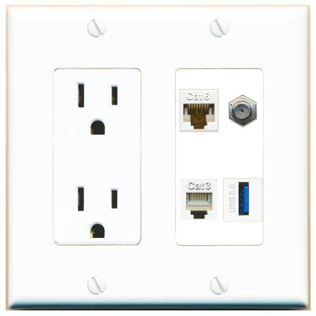 RiteAV CAT6 COAX PHONE USB-3 Wall Plate with 15A Power Outlet [White]
