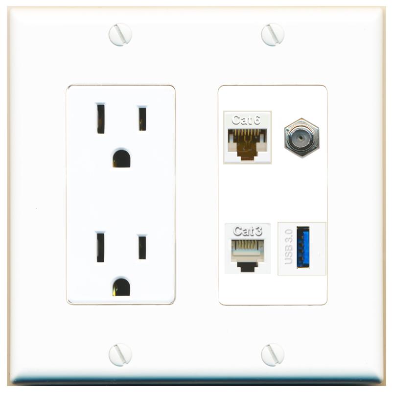 RiteAV CAT6 COAX PHONE USB-3 Wall Plate with 15A Power Outlet [White]