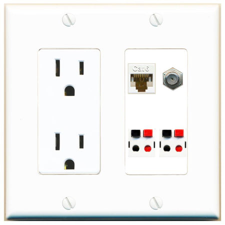 RiteAV CAT6 COAX 2 SPEAKER Wall Plate with 15A Power Outlet [White]