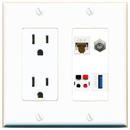 RiteAV CAT6 COAX SPEAKER USB-3 Wall Plate with 15A Power Outlet [White]