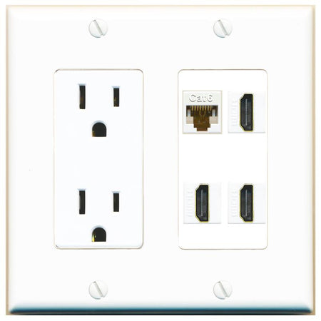 RiteAV CAT6 3 HDMI Wall Plate with 15A Power Outlet [White]