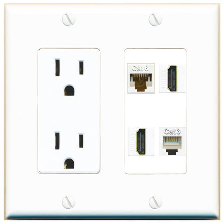 RiteAV CAT6 2 HDMI PHONE Wall Plate with 15A Power Outlet [White]