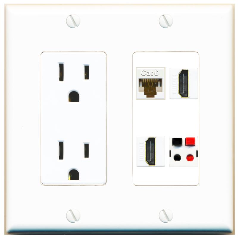 RiteAV CAT6 2 HDMI SPEAKER Wall Plate with 15A Power Outlet [White]