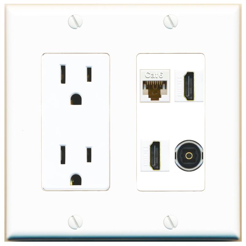 RiteAV CAT6 2 HDMI TOSLINK Wall Plate with 15A Power Outlet [White]