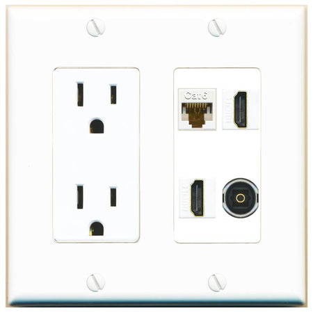 RiteAV CAT6 2 HDMI TOSLINK Wall Plate with 15A Power Outlet [White]