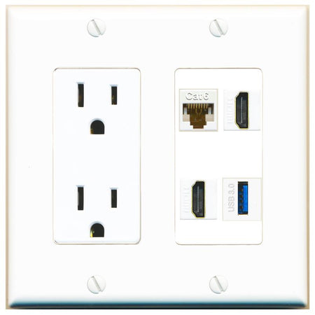 RiteAV CAT6 2 HDMI USB-3 Wall Plate with 15A Power Outlet [White]
