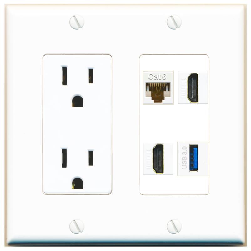 RiteAV CAT6 2 HDMI USB-3 Wall Plate with 15A Power Outlet [White]