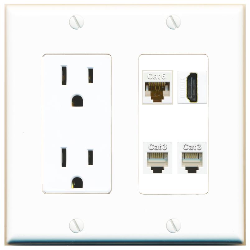 RiteAV CAT6 HDMI 2 PHONE Wall Plate with 15A Power Outlet [White]