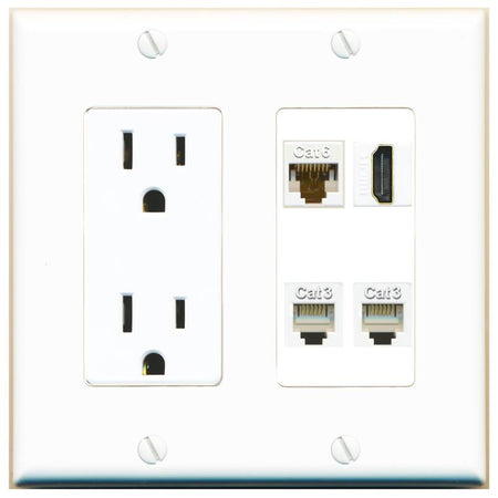 RiteAV CAT6 HDMI 2 PHONE Wall Plate with 15A Power Outlet [White]