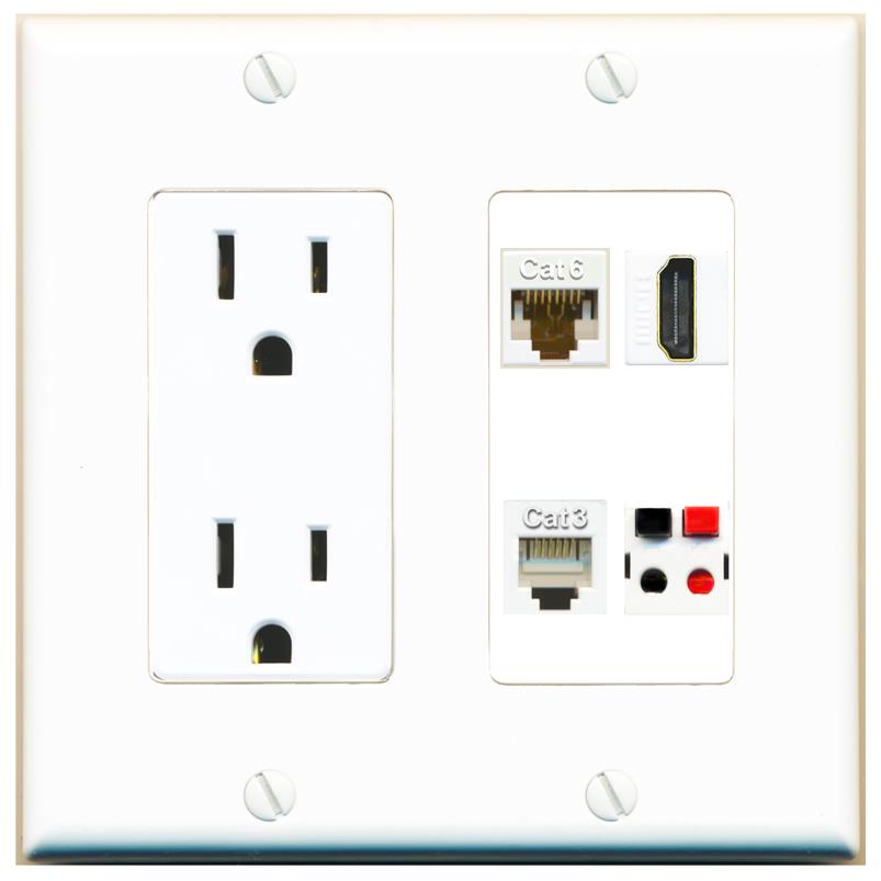 RiteAV CAT6 HDMI PHONE SPEAKER Wall Plate with 15A Power Outlet [White]