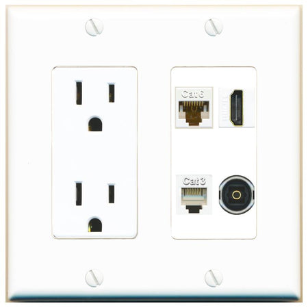 RiteAV CAT6 HDMI PHONE TOSLINK Wall Plate with 15A Power Outlet [White]