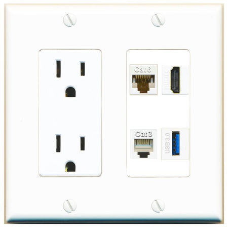 RiteAV CAT6 HDMI PHONE USB-3 Wall Plate with 15A Power Outlet [White]