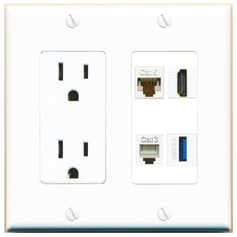RiteAV CAT6 HDMI PHONE USB-3 Wall Plate with 15A Power Outlet [White]