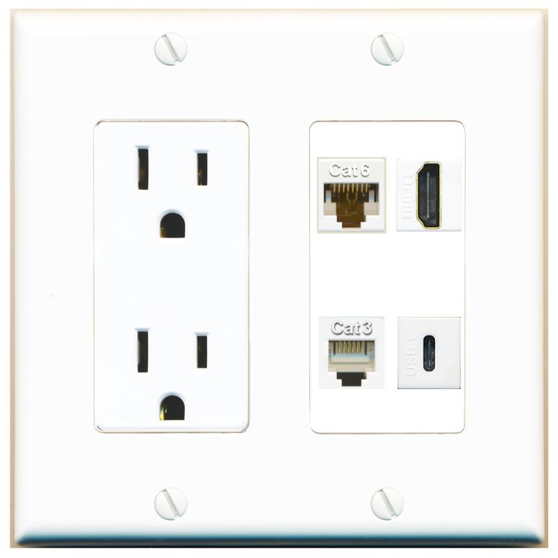 RiteAV CAT6 HDMI PHONE USBC Wall Plate with 15A Power Outlet [White]