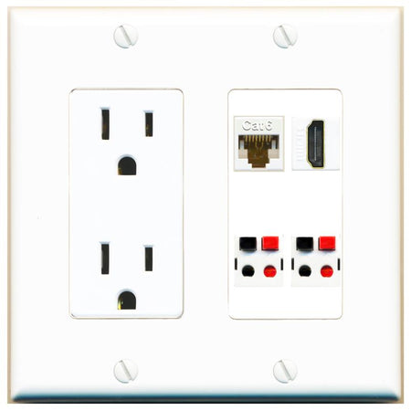 RiteAV CAT6 HDMI 2 SPEAKER Wall Plate with 15A Power Outlet [White]