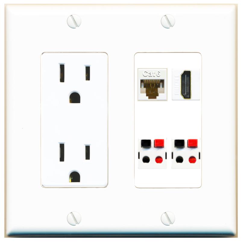 RiteAV CAT6 HDMI 2 SPEAKER Wall Plate with 15A Power Outlet [White]