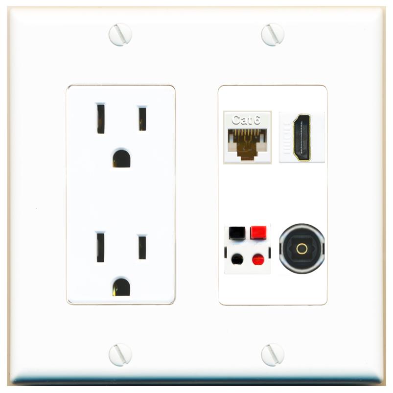 RiteAV CAT6 HDMI SPEAKER TOSLINK Wall Plate with 15A Power Outlet [White]