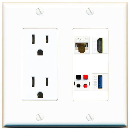 RiteAV CAT6 HDMI SPEAKER USB-3 Wall Plate with 15A Power Outlet [White]