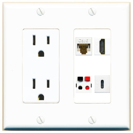 RiteAV CAT6 HDMI SPEAKER USBC Wall Plate with 15A Power Outlet [White]
