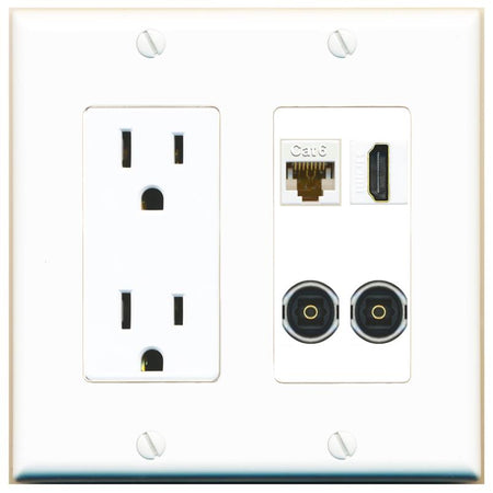 RiteAV CAT6 HDMI 2 TOSLINK Wall Plate with 15A Power Outlet [White]