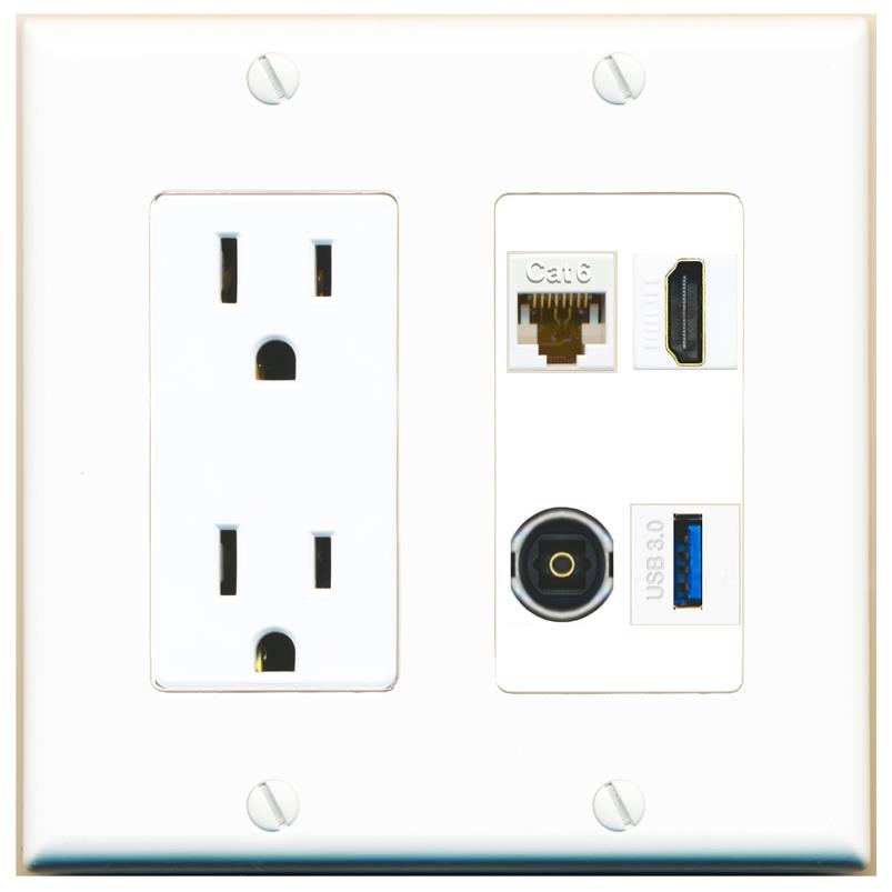 RiteAV CAT6 HDMI TOSLINK USB-3 Wall Plate with 15A Power Outlet [White]