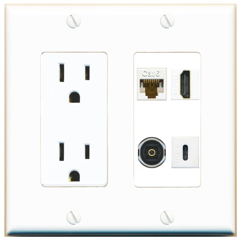 RiteAV CAT6 HDMI TOSLINK USBC Wall Plate with 15A Power Outlet [White]
