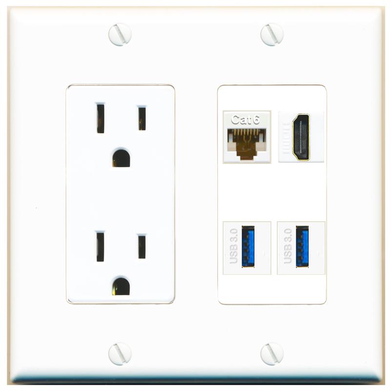 RiteAV CAT6 HDMI 2 USB-3 Wall Plate with 15A Power Outlet [White]