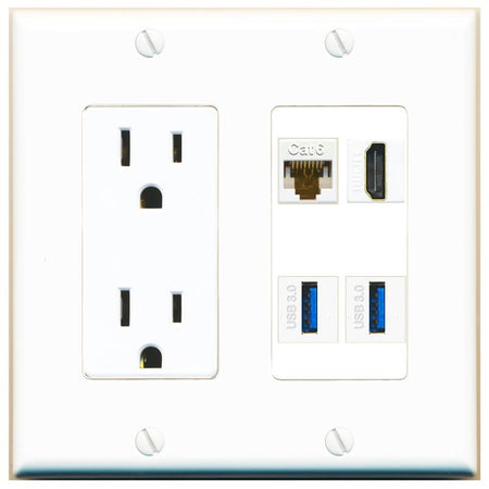 RiteAV CAT6 HDMI 2 USB-3 Wall Plate with 15A Power Outlet [White]