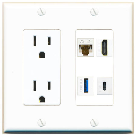 RiteAV CAT6 HDMI USB-3 USBC Wall Plate with 15A Power Outlet [White]