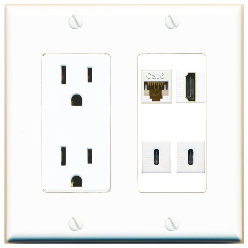 RiteAV CAT6 HDMI 2 USBC Wall Plate with 15A Power Outlet [White]