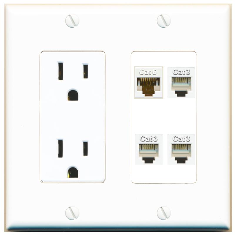 RiteAV CAT6 3 PHONE Wall Plate with 15A Power Outlet [White]