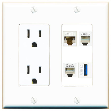 RiteAV CAT6 2 PHONE USB-3 Wall Plate with 15A Power Outlet [White]