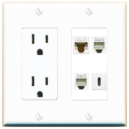 RiteAV CAT6 2 PHONE USBC Wall Plate with 15A Power Outlet [White]
