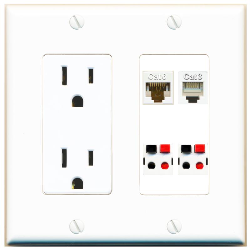 RiteAV CAT6 PHONE 2 SPEAKER Wall Plate with 15A Power Outlet [White]