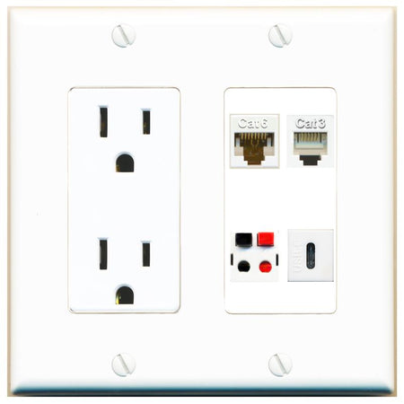 RiteAV CAT6 PHONE SPEAKER USBC Wall Plate with 15A Power Outlet [White]