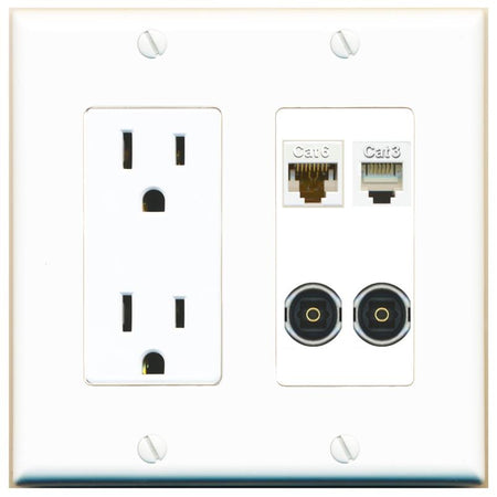 RiteAV CAT6 PHONE 2 TOSLINK Wall Plate with 15A Power Outlet [White]