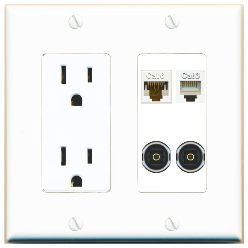 RiteAV CAT6 PHONE 2 TOSLINK Wall Plate with 15A Power Outlet [White]