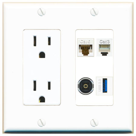 RiteAV CAT6 PHONE TOSLINK USB-3 Wall Plate with 15A Power Outlet [White]