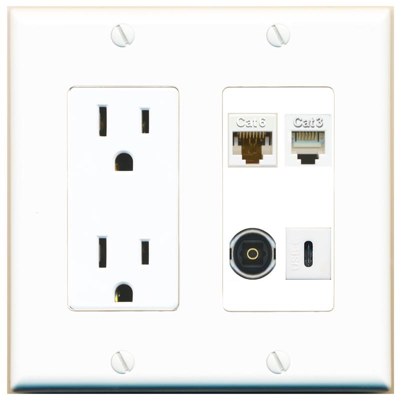 RiteAV CAT6 PHONE TOSLINK USBC Wall Plate with 15A Power Outlet [White]