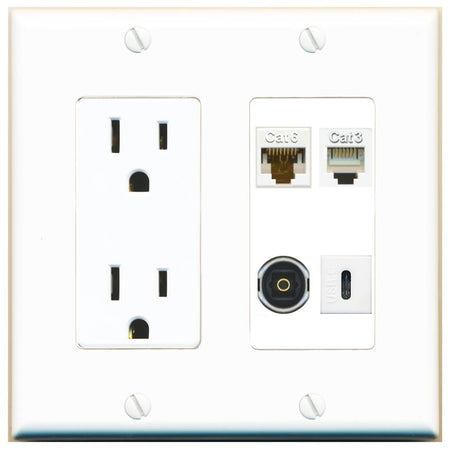 RiteAV CAT6 PHONE TOSLINK USBC Wall Plate with 15A Power Outlet [White]