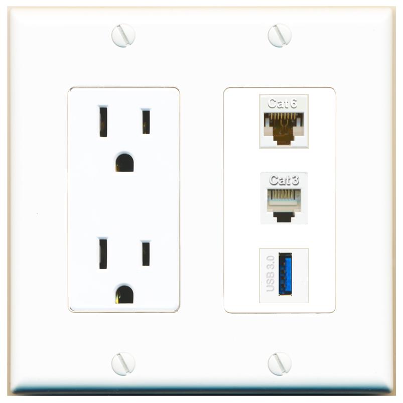 1 CAT6 1 PHONE 1 USB-3 Wall Plate [White]