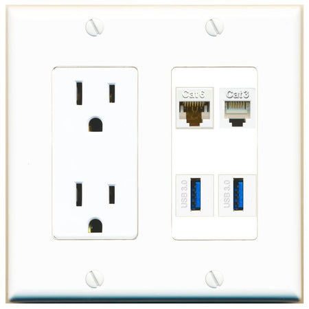 RiteAV CAT6 PHONE 2 USB-3 Wall Plate with 15A Power Outlet [White]