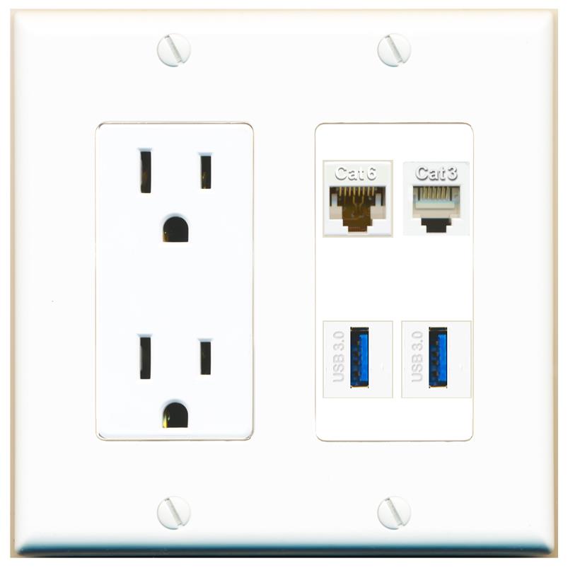 RiteAV CAT6 PHONE 2 USB-3 Wall Plate with 15A Power Outlet [White]