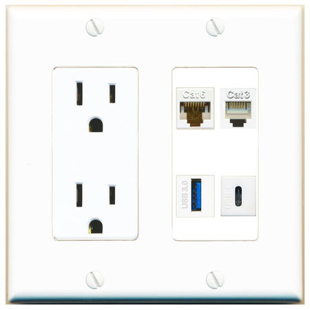 RiteAV CAT6 PHONE USB-3 USBC Wall Plate with 15A Power Outlet [White]