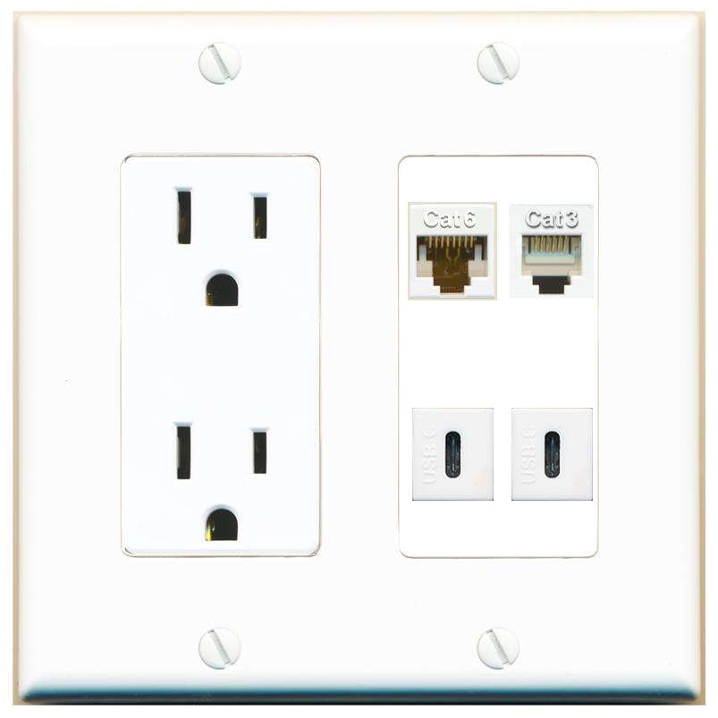 RiteAV CAT6 PHONE 2 USBC Wall Plate with 15A Power Outlet [White]