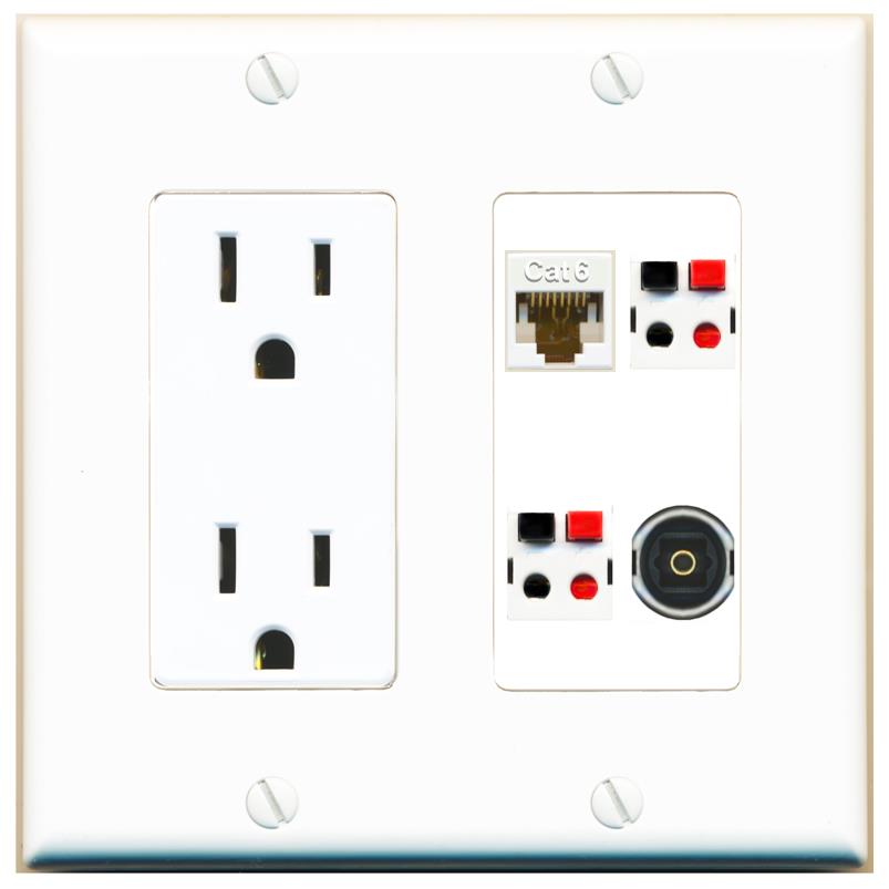 RiteAV CAT6 2 SPEAKER TOSLINK Wall Plate with 15A Power Outlet [White]