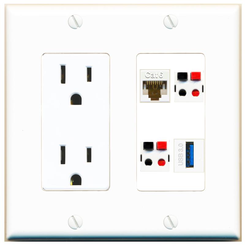 RiteAV CAT6 2 SPEAKER USB-3 Wall Plate with 15A Power Outlet [White]
