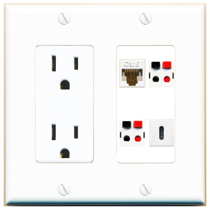 RiteAV CAT6 2 SPEAKER USBC Wall Plate with 15A Power Outlet [White]